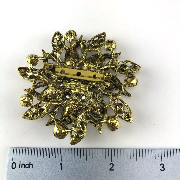 Rhinestone Brooch Gold Tone Pinwheel Rivoli lower Amber & Orange - Picture 2 of 2